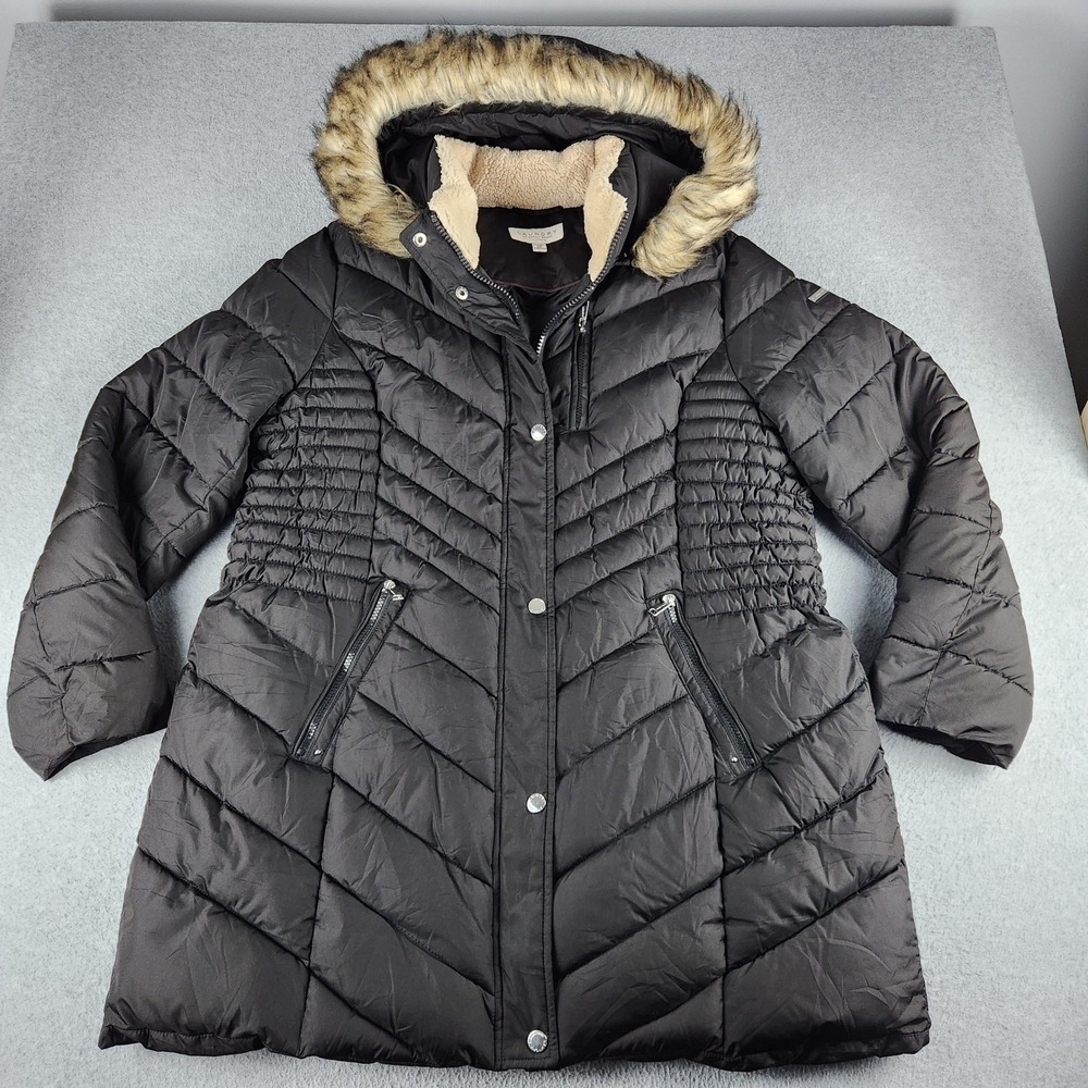 Laundry By Shelli Segal Puffer Coat Womens XXL Black Faux Fur Hood Snap Full Zip